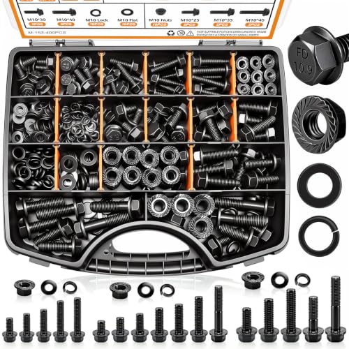mankk Metric Flange Bolts and Nuts Assortment Kit M6x1.0, M8x1.25, M10x1.5 (12mm to 30mm) Hex Bolts and Nuts Washers Kit for Automotive (10.9 Black Alloy Steel Class)