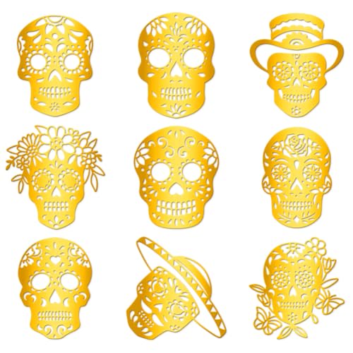 Hobbspring 9 autocolantes dourados auto-adesivos de 4 cm x 4 cm, design de caveira de metal, esqueleto mexicano, impermeável, para fixar para projetos de resina, telemóvel, garrafa de água