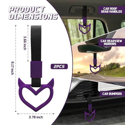 Image of 2 Pcs Devil Heart Shaped Car Handle Strap - Drift Charm Rear Bumper Warning Ring Decor for Car Interior Exterior, Subway Bus Handle Accessory, Cute Heart Car Decor Gift for Drivers (Purple)
