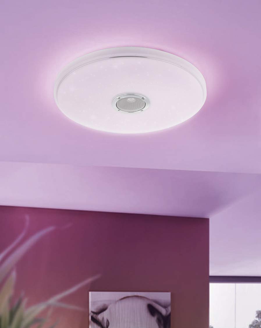 EGLO LED Deckenlampe Milazzo, Badezimmer Lampe mit Fernbedienung | Kristall-Effekt Deckenleuchte mit Bluetooth Lautsprecher, warmweiß-kaltweiß, RGB, Nachtlicht, dimmbar, Weiß, IP44, Ø 40cm
