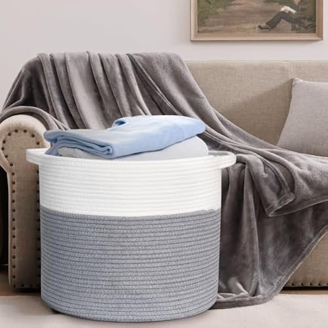 Laundry Basket, Cotton Rope Round Storage Basket with Handle, Storage Baskets for Towel, Blanket, Throw, Pillow, 15.8¡±x15.8¡±x13.8¡±, White & Dark Grey