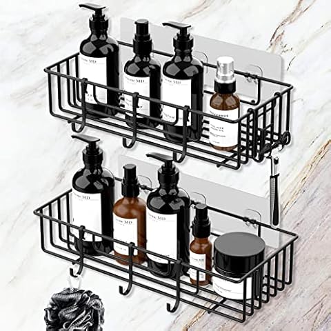 buways Shower Shelf No Drilling, Shower Basket with 6 Hooks, Bathroom Shelf, 4 Interchangeable Adhesive Pads, Shampoo Holder, Shower Basket for Bathroom Storage and Organisation, Pack of 2 Cover