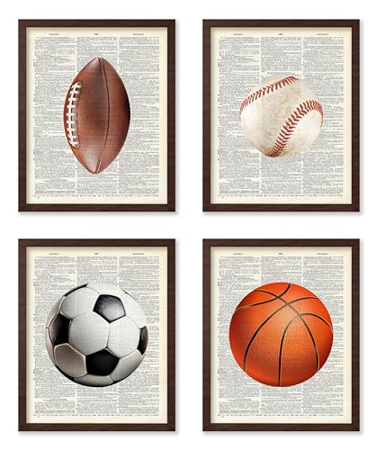 Poster Master 4-Piece Sports Print - Balls Poster - Basketball, Soccer, Football & Baseball Art - Physical Education Wall Design - Dictionary Art - Great Gym or Office Decor - 8x10 Brown Framed