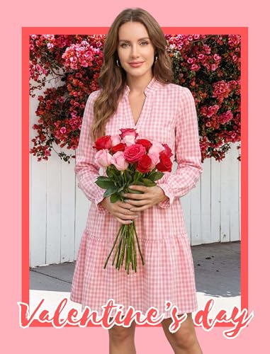 Image of Theenkoln Womens Casual Midi Dress: Short Sleeve V-Neck Empire Waist Gingham Spring Fashion Long Trendy Tiered Formal Dresses