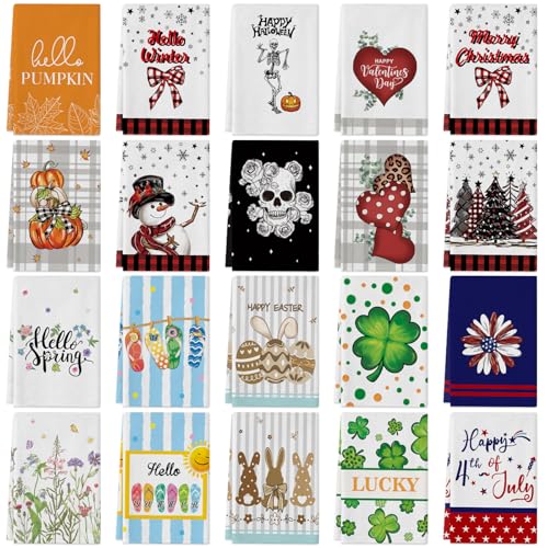 Voajocc 20 Pcs Seasonal Kitchen Towels and Dishcloths Sets, 18x26 Inch Seasonal Dish Towels Decorative Set for All Seasons St. Patrick's Day Spring Easter Decorative Kitchen Hand Towels