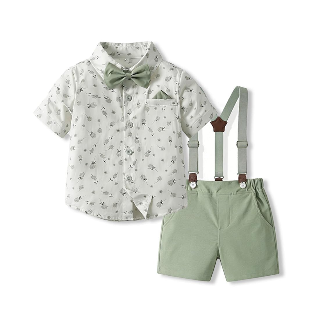 Enfant en Bas âge Bébé Garçon Gentleman Tenues à Manches Courtes Body Chemises Jarretelles Pantalon été Infantile Petit Garçon Costumes Couleur matcha 3-4 ans