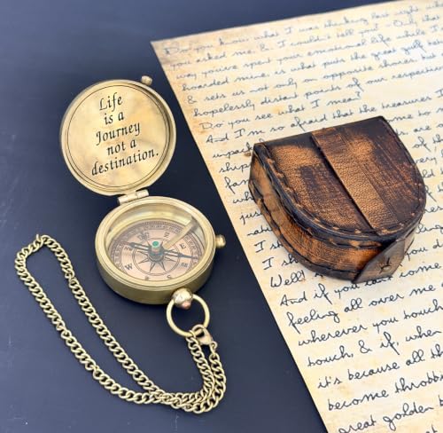 Brújula de latón grabada para regalo, caja de cuero cosida a mano, regalo de aniversario, jubilación, Día del Padre