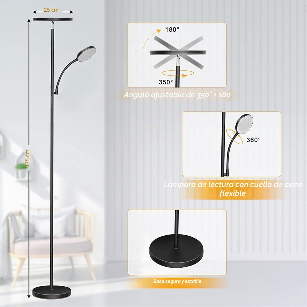 wonderlamp Lámpara de pie LED Niela CCT Dim (30+6W). Luz regulable, control táctil.