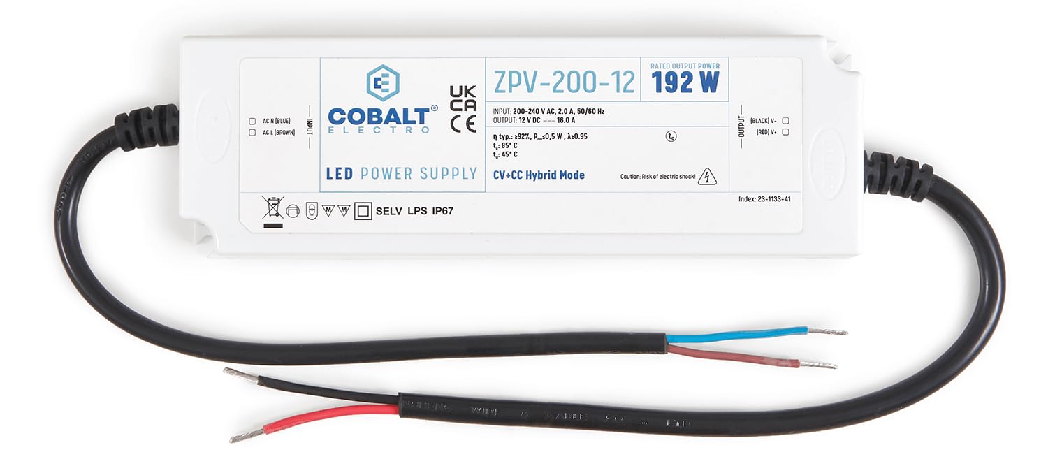 Industrieschienen Trafo - LED CobaltElectro ZPV - Hutschienen Netzteil mit 12V, 192W, 16A - Schutzart IP67 - LED Netzteil - Überspannungsschutz - Passivkühlung - 190x63x38mm