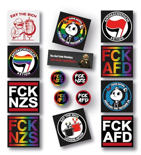 Sticker Gegen Rechts Set 30 Aufkleber / 2x 15 Motive FCK NZS I FCK AFD I Antifaschistische Aktion I Regenbogen I ADHS Abgelenkt und trotzdem da I Tax & Eat the Rich I Antikapitalismus