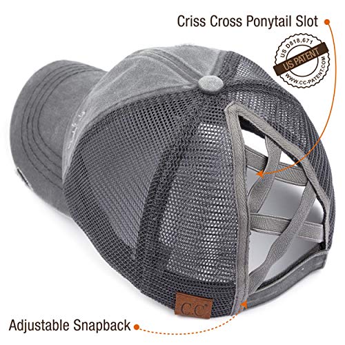 C.c Exclusives Washed Distressed Cotton Denim Criss-Cross Ponytail Hat Baseball Cap Bundle Hair Tie (Bt-780)(Bt-791) (A Elastic Band-Grey) #TOP2