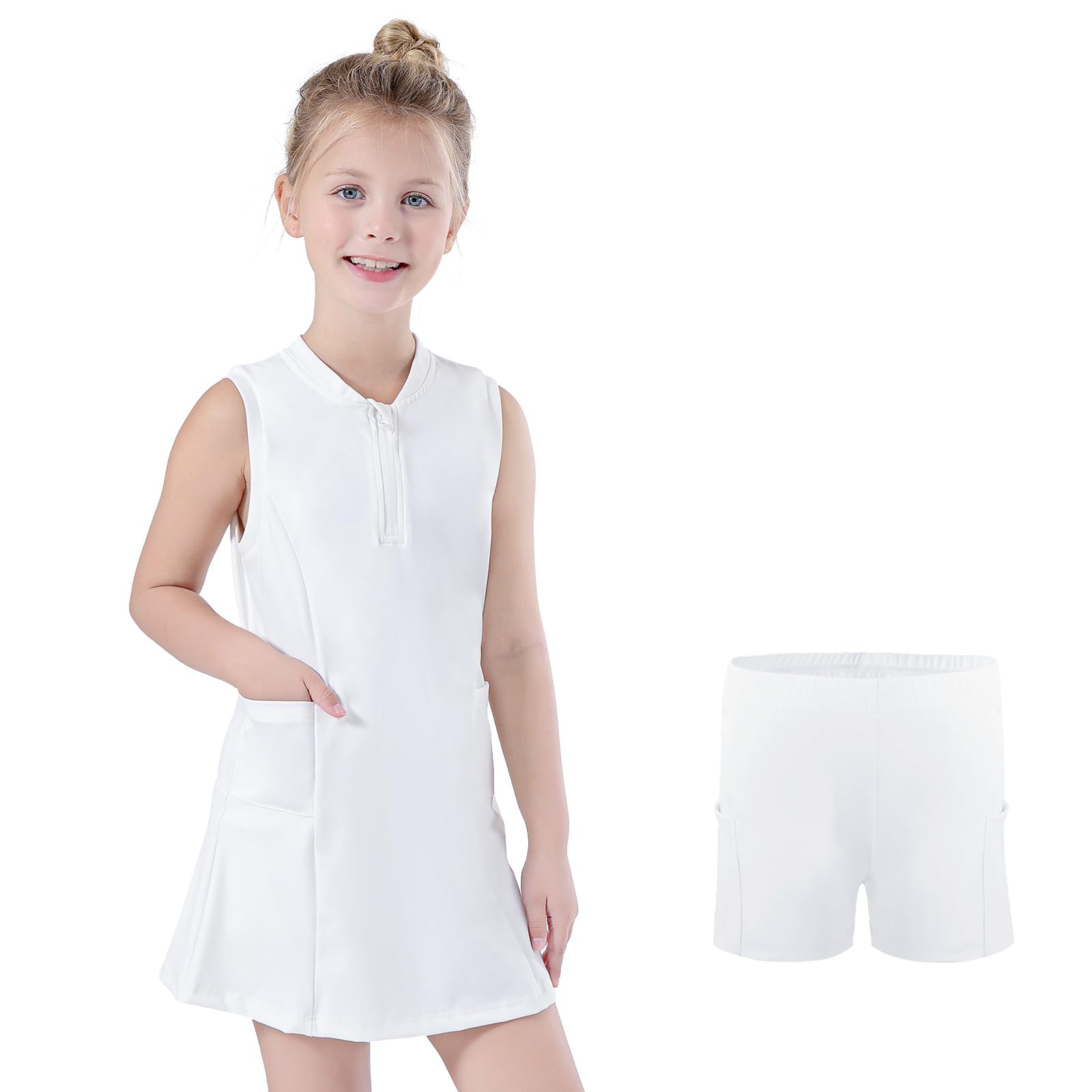 Bezioner Girls Tennis Dress with Shorts Pockets A-Line Golf Outfits Zipper Workout Athletic Dresses Sleeveless Active Dress
