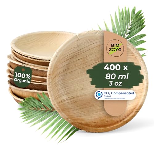 BIOZOYG Palmware - Set Cuencos Snacks I 400 piezas orgánicas desechables de 80ml, Ø10cm I Party vajilla compostable y biodegradable I hojas Palma vajilla desechable para Fingerfood Dips buffet