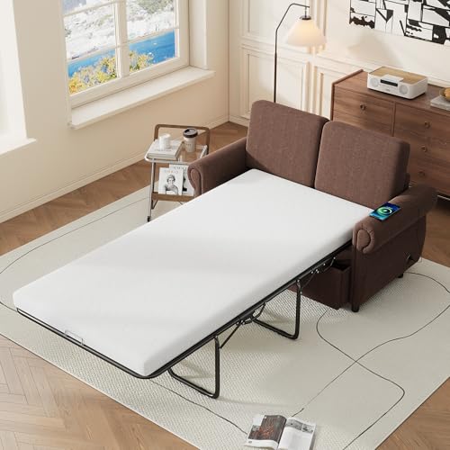 P PURLOVE Sleeper Sofa Bed, Pull Out Sofa Bed Loveseat Sleeper with Twin Size Memory Mattress, Modern Linen Couch Chairs for Living Room, Bedroom and Small Space (Brown)