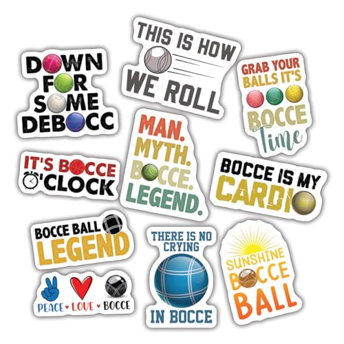 10pcs Bocce Sticker Sheet, Funny Cute Vinyl Decals for Bocce Ball Players, Lawn Game Fans, and Sport Lovers, Waterproof, UV-Resistant, for Laptop, Water Bottle, Journal, Notebook, Phone Case