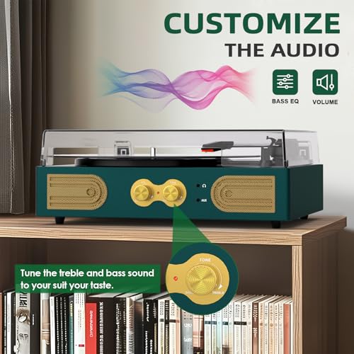 Image of Vinyl Record Player Vintage 3-Speed Turntable with Built-in Stereo Speakers, Bass /Treble Control, Headphone Jack, RCA Output,AUX Input, Belt-Driven LP Player, Green
