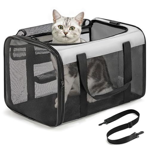 Conlun Trasportino Gatto Morbido con Rete su 4 Lati, Approvato per l'Uso in Aereo Trasportino per Gatti Ideale per Gattini Cuccioli di Piccola Media Fino a 6 Kg, Trasportino Cane Pieghevole-M, Grigio