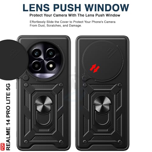 Image of AESTMO Tough Armor Realme 14 Pro Lite 5G Bumper Back Case Cover | Ring Holder & Sliding Camera Shield Cover | 360 Degree Protection Back Case Cover for Realme 14 Pro Lite 5G (Black)