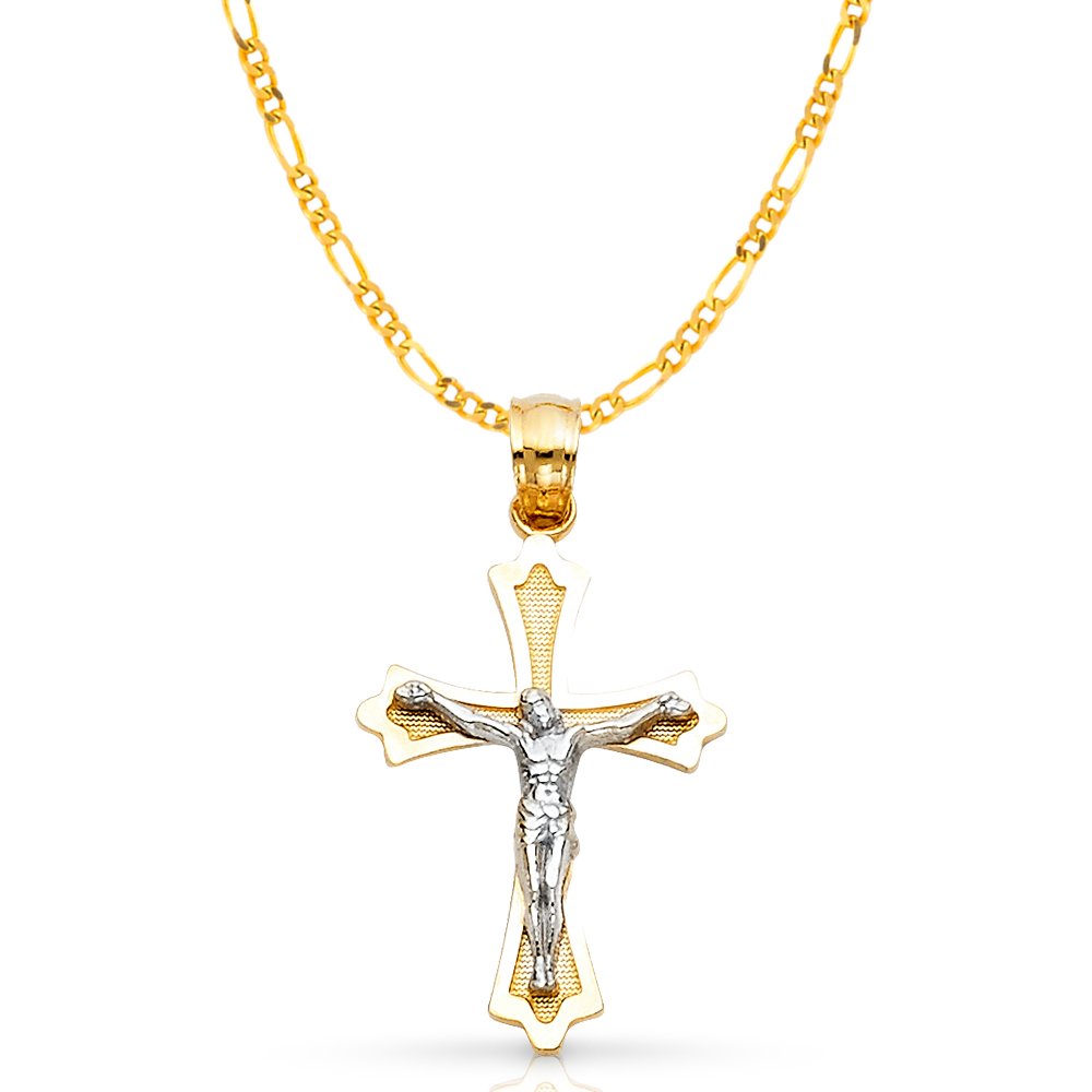14K Two Tone Gold Jesus Crucifix Cross Pendant with 1.9mm Figaro 3+1 Chain Chain Necklace