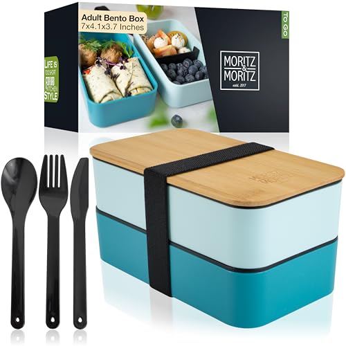 Moritz & Moritz Bento Box Adult Lunch Box with Compartments – Stackable, Leakproof, BPA-Free, Includes Cutlery & Bamboo Lid – Microwave & Dishwasher Safe – Blue – German Designed