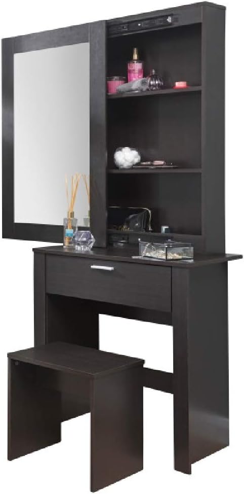 Hobson Espresso Dressing Table & Stool Set Makeup Vanity Desk with Large Drawer and Sliding Storage Mirror