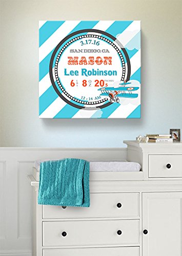 Personalized Stretched Canvas Birth Announcement Gift, Custom Baby Name, Date, Weight Stats, Newborn Airplane Nursery Wall Art Decor, Wooden Frame Construction, Ready to Hang 16X16