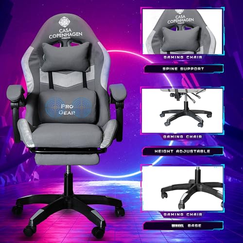 Image of Casa Copenhagen Designed in Denmark, High-Back Fabric Gaming Ergonomic Chair with Advanced Mechanism & Electric Back Massager, Luxurious Memory Foam Seating & Multi Function Arm-Rest - Grey & Grey