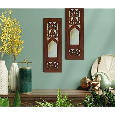 Homebia Designs Decorative Traditional Handpainted Jharokha Handmade Wooden Wall Hanging Showpiece Perfect For Christmas New Year Home Décor Wall Décor With Mirror - 12 Inch Pack Of 2 - Burnt Cover