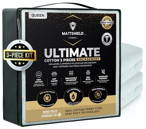 MATTSHIELD Ultimate 3-Piece Kit - Bed Bug-Proof Mattress Cover Queen Size 100% Cotton Top + 2 Pillow Protectors with Zipper - 6 Sided Waterproof Encasement, Total Defense Kit