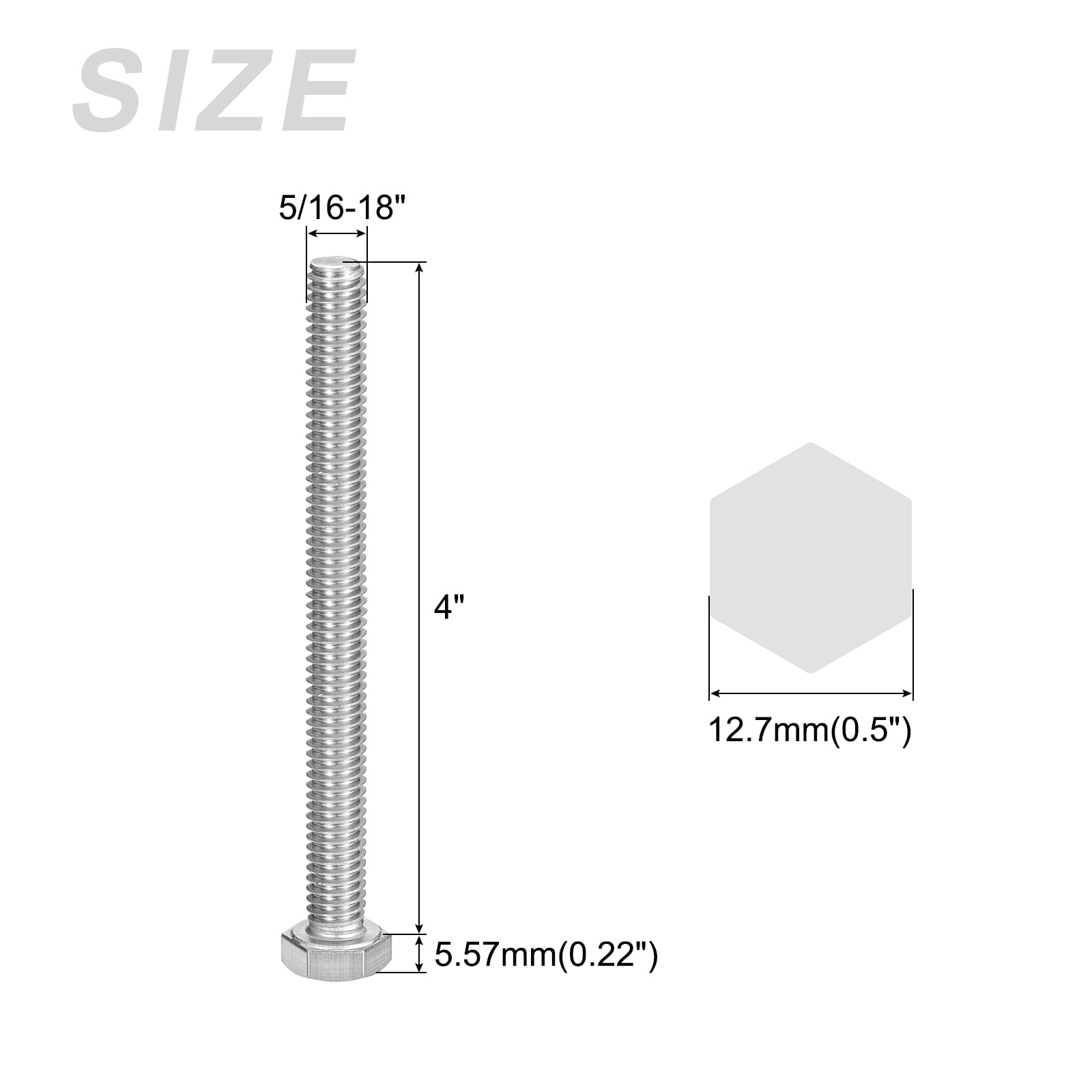 METALLIXITY Hex Head Bolts (5/16-18 x 4") 15Pcs, 304 Stainless Steel 18-8, Fully Threaded, External Hex Drive, Plain Finish - Image 2