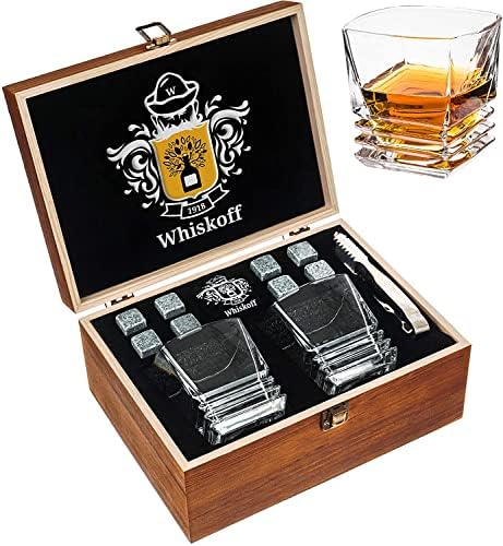 Whiskey Rocks Glasses Gift Set - Heavy Base Crystal Glass for Scotch Bourbon Drinker - Whisky Chilling Stones in Wooden Gift Box - Burbon Gift Set for Men Dad Fathers Christmas Anniversary