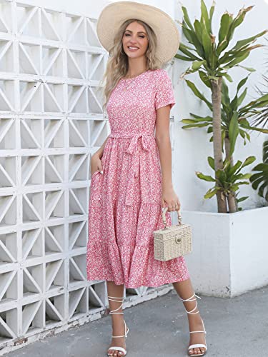 Image of Lyrur Women's Dresses Casual Summer Tiered Midi Dress Short Sleeve Belted Ruffle Babydoll Boho Sundress with Pockets