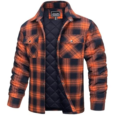 TACVASEN Mens Lumberjack Jacket Padded Work Shirt Jacket Quilted Casual Plaid Shirts Long Sleeve Flannel Cotton Checked Jackets Orange Cover