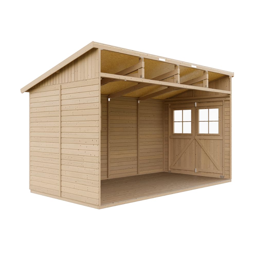 Cobertizo de Madera para jardín SIN Pared Lateral- con Suelo TRATADO – H243x216x416 cm/8 m2 Cobertizo de Madera Natural - Taller de Jardín - TIMBELA M340+M340G