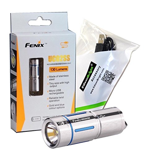 FENIX UC02 SS USB Rechargeable 130 Lumen Cree LED keychain Flashlight (Stainless Steel/Blue UC02SS) with, EdisonBright brand USB charging cable bundle