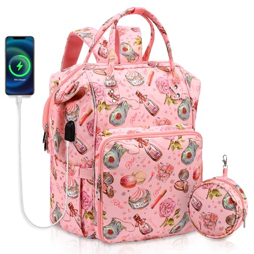 JOZEA Knitting Bag Backpack with USB Charging Port Large Craft Organiser Bag for Knitting Accessories Wool Storage for Crochet Projects 2-Way Travel Bags and Totes(Pink World)