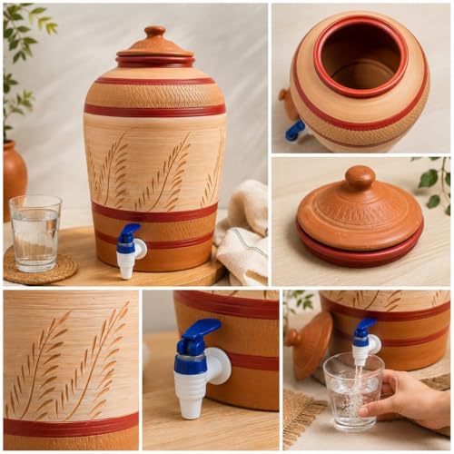 Image of 8L Earthen Water Dispenser with Tap and Lid | Handmade Terracotta Clay Matka | Natural Cooling Water Pot