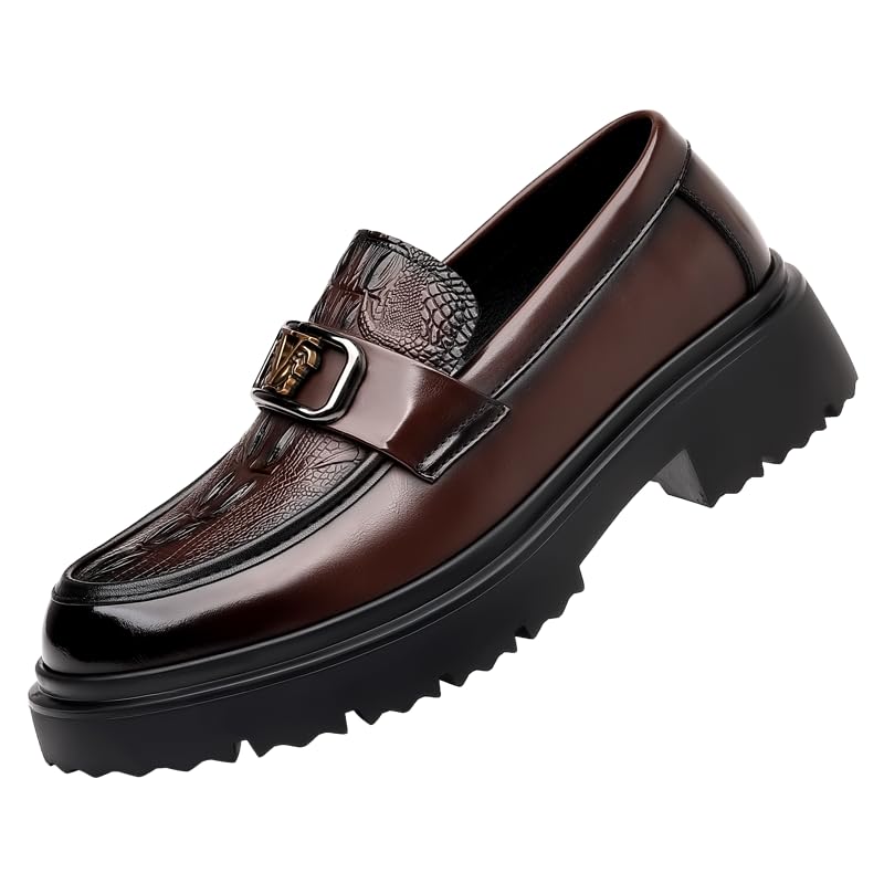 Men's Luxury Genuine Leather Thick-Soled Penny Loafers Fashionable Round Toe Thick Heels Suitable for Business Formal Shoes Classic Non-Slip Party Wedding Dance