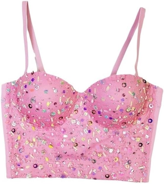 JSEIAJB Lace Embroidered Sequined Bra with Steel Shaping Shiny Underwear Camisole Can Be Worn As Outerwear