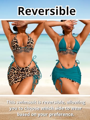 Image of ShawGobow Womens 3 Piece Leopard Bikini Set,Triangle String High Cut Thong Sexy Swimsuit & Coverup Skirt,Pool Party Outfit