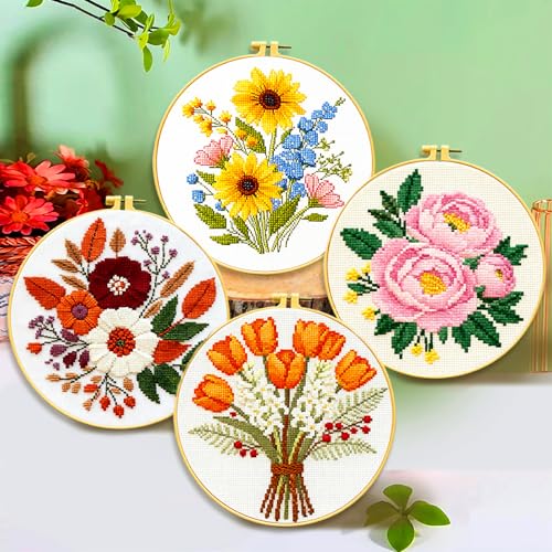 Image of Zhenqing 4-Piece Floral Cross Stitch Kit for Beginners - Complete Set with Pre-Printed 11CT 24x24cm Fabric, Hoop, Threads & Tools (Sunflower, Peony, Tulip Designs)(70362)