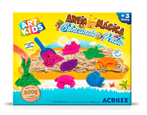 Acrilex Kit Areia Mágica Brincando Na Praia 800g Art Kids 4 Potes 9 Moldes 2 Pazinhas 1 Bandeja 3+ Anos Unissex