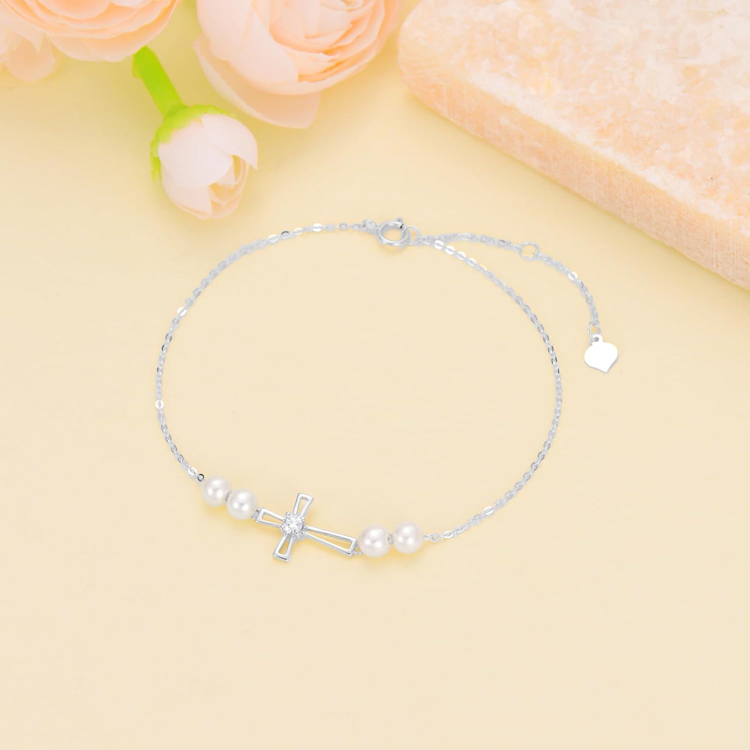 SISGEM 10k Gold Cross Bracelet for Women, Created Moissanite and Freshwater Cultured Pearl Religious Jewelry for Her, 6.8-8.4 Inches - Image 5