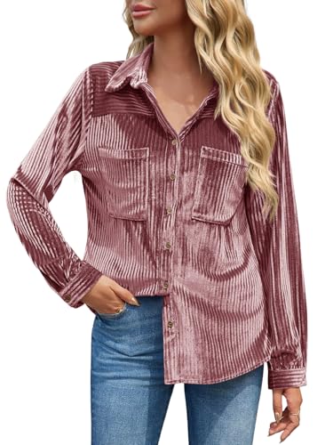 Cicy Bell Womens Velvet Button Down Shirt Casual Long Sleeve V Neck Collared Tops Fall Shacket Jacket with Pockets Pink