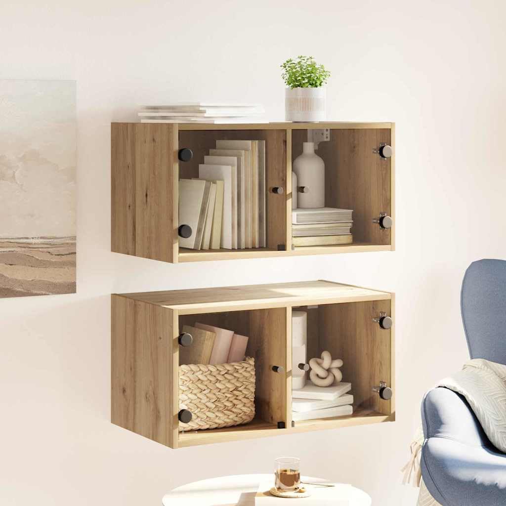 Wandschränke 2er-Set Artisan-Eiche, 68x37x35 cm, aus Holzwerkstoff mit Glastüren, Wandmontage, für Wohnzimmer und Büro, Moderne Aufbewahrung
