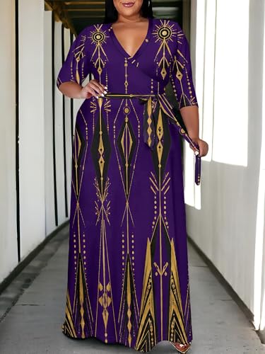 Image of PinkPatty Women's Plus Size Maxi Dress Print 3 /4 Sleeves V Neck Party Sundress Wedding Guest Dresses