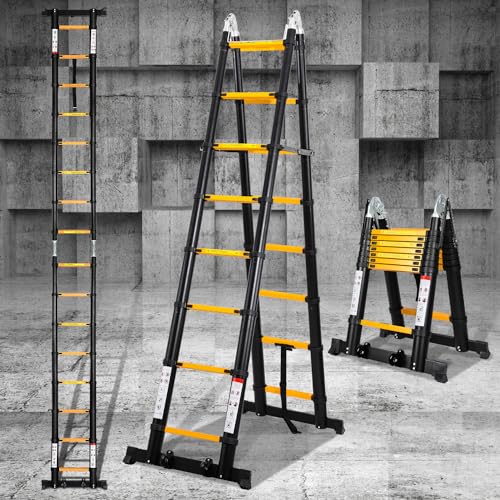 Eulenke Échelle télescopique en Aluminium, escabeau Multi-Usage 5m (2,5m + 2,5m) avec stabilisateur, echelle Pliante Charge maximale : 330lbs / 150 kg, Antidérapante escabeau telescopique, argenté