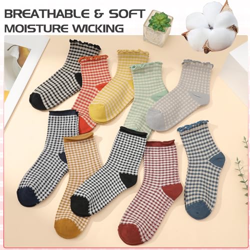Image of 6 Pairs Women Ruffle Striped Frilly Socks, Cute Checkered Ankle Sock for Women Cotton Knit Casual Crew Socks