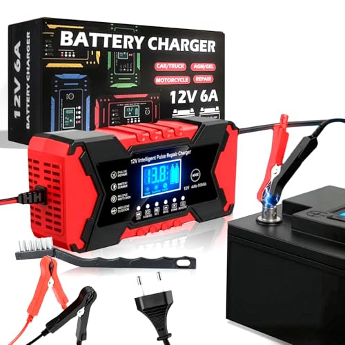 PANCHOR® Super Cargador Baterias Coche 12V6A | Cargador de Batería de Coche con Funciones de Protección + Cepillo Gratis | con Pantalla Digital | Ultra RÁPIDO con Función de Protección
