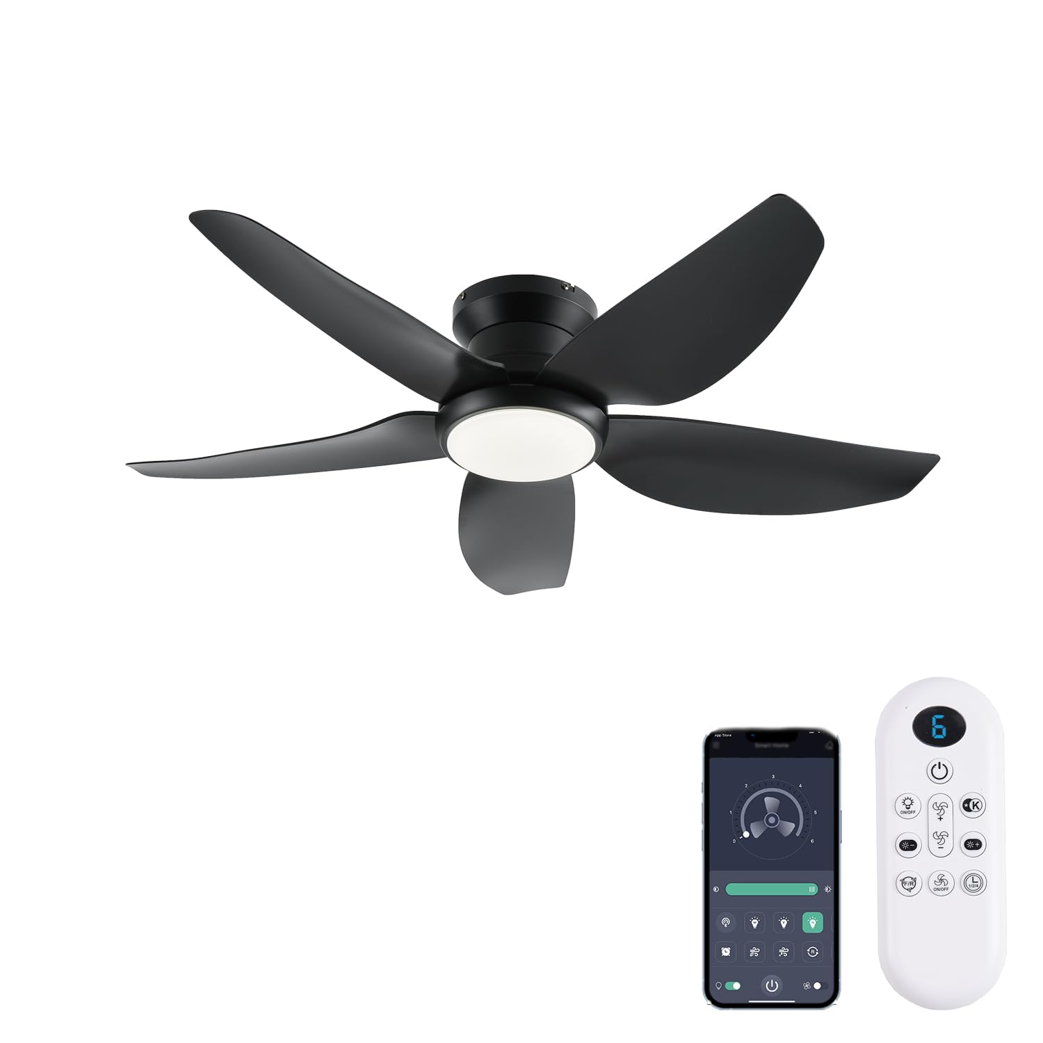 GJeg Ceiling Fans with Lights, 43 Inch Low Profile Ceiling Fan with Light and Remote/App Control, Flush Mount, Reversible DC Motor, 3CCT, Dimmable, Noiseless, Black Ceiling Fan for Indoor/Outdoor Use